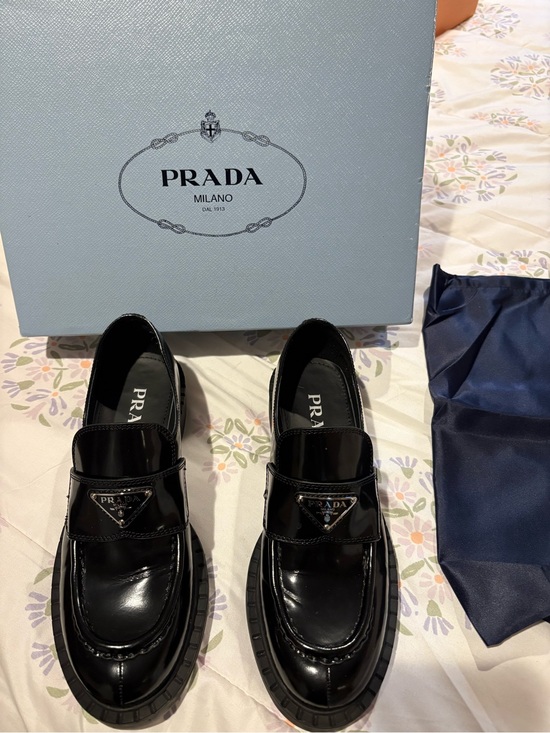 Prada Shoes - Women's Prada Black Patent Leather Penny Loafers with Logo Plaque